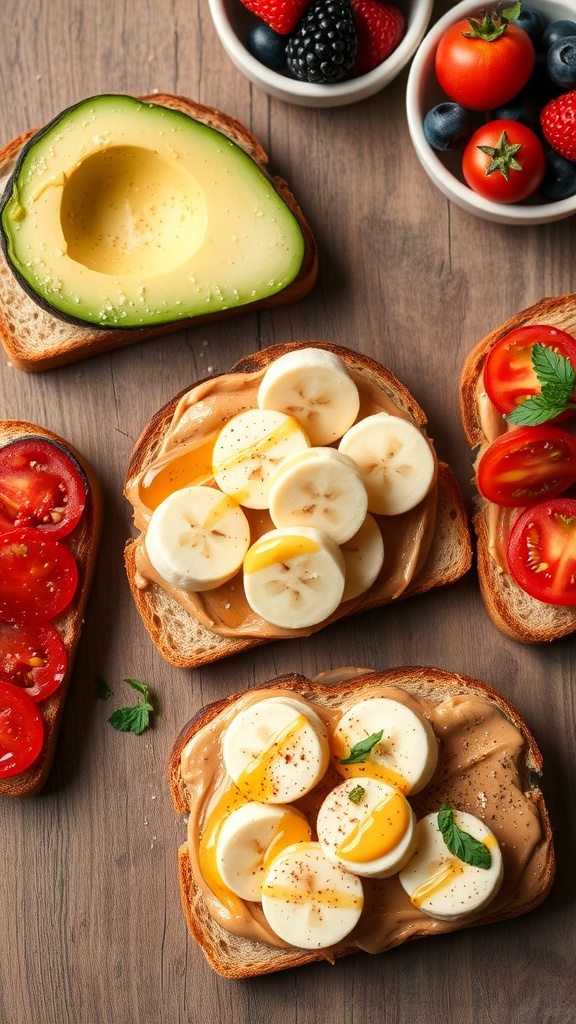 Creative Toast Ideas for Breakfast A colorful assortment of toast topped with avocado, peanut butter, banana, and tomatoes on a wooden table.